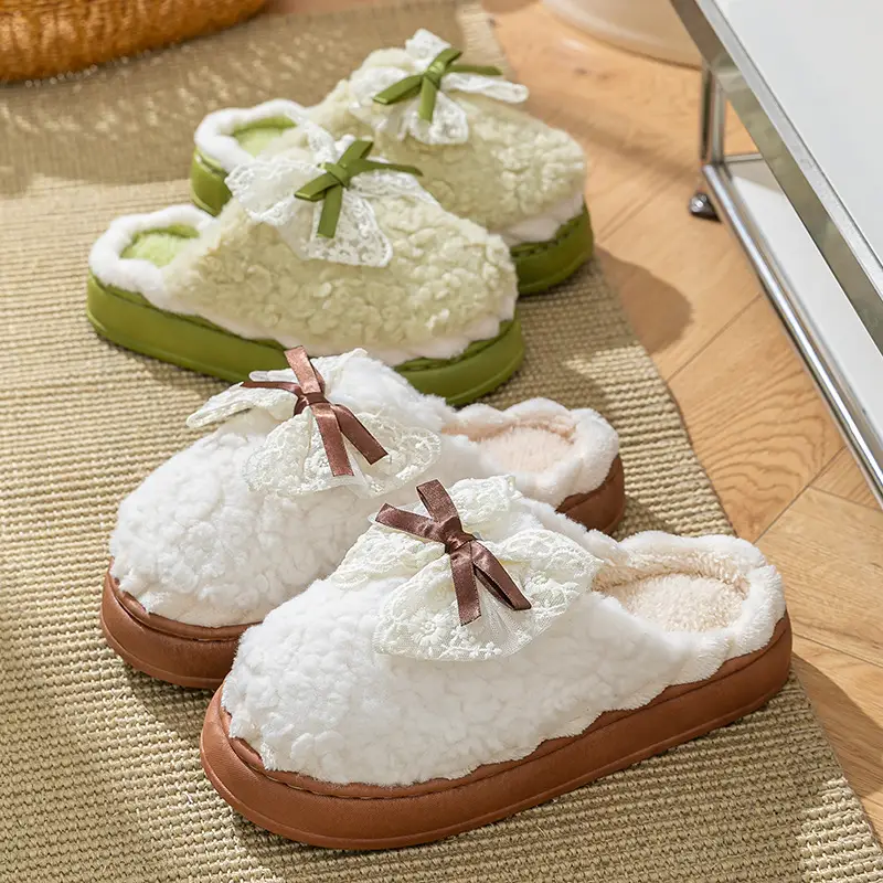 Bow Cotton Slippers for Women Winter 2025 New Indoor Home Thick-Soled Non-Slip Fleece-Lined Warm Plush Slippers - Image 12
