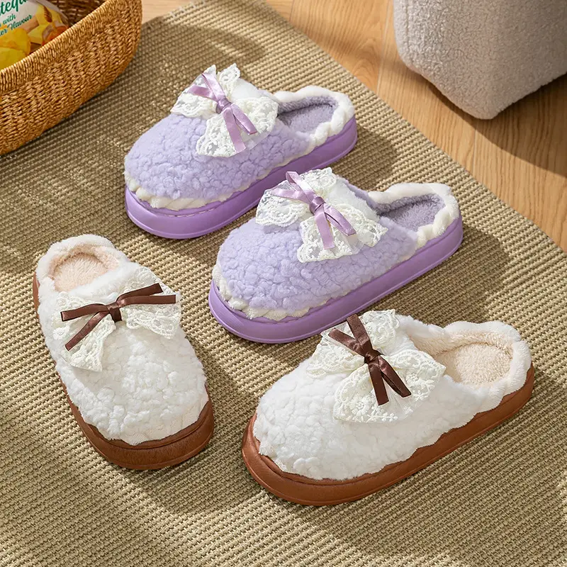 Bow Cotton Slippers for Women Winter 2025 New Indoor Home Thick-Soled Non-Slip Fleece-Lined Warm Plush Slippers - Image 13