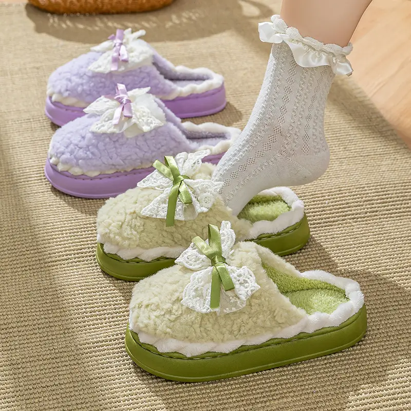 Bow Cotton Slippers for Women Winter 2025 New Indoor Home Thick-Soled Non-Slip Fleece-Lined Warm Plush Slippers - Image 14