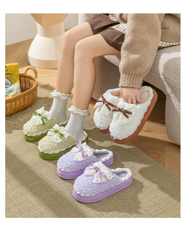 Bow Cotton Slippers for Women Winter 2025 New Indoor Home Thick-Soled Non-Slip Fleece-Lined Warm Plush Slippers — feature 10
