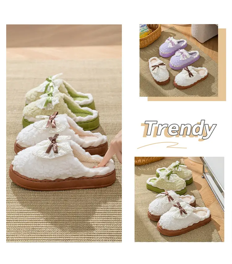 Bow Cotton Slippers for Women Winter 2025 New Indoor Home Thick-Soled Non-Slip Fleece-Lined Warm Plush Slippers — feature 11