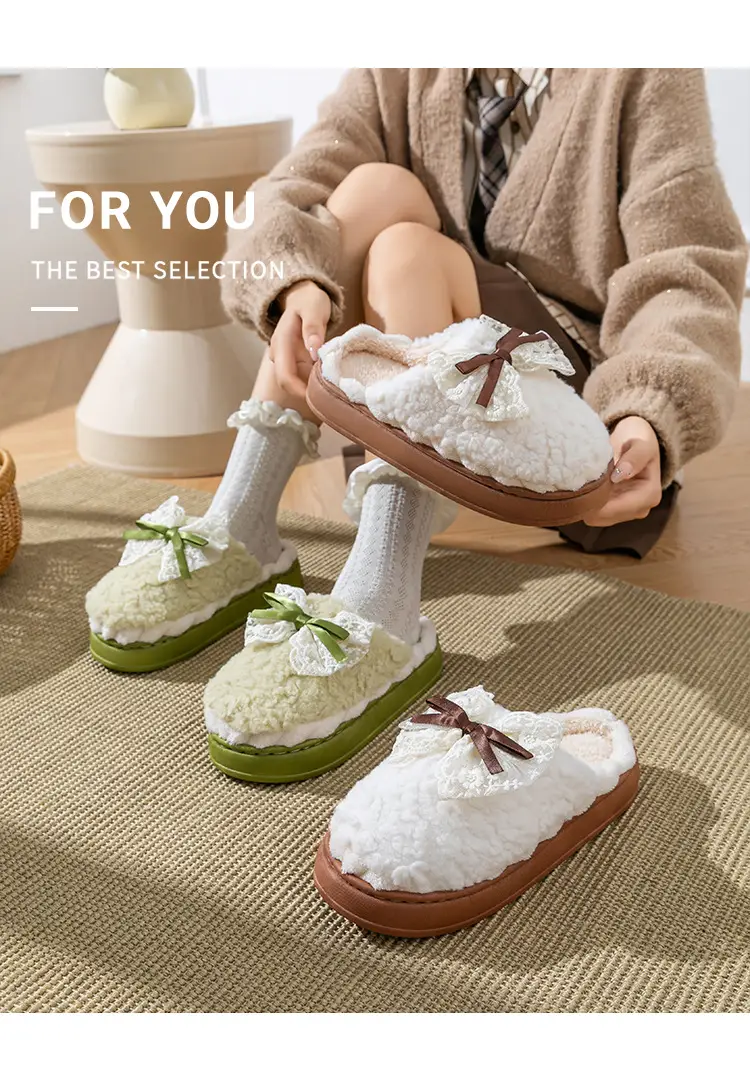 Bow Cotton Slippers for Women Winter 2025 New Indoor Home Thick-Soled Non-Slip Fleece-Lined Warm Plush Slippers — feature 12