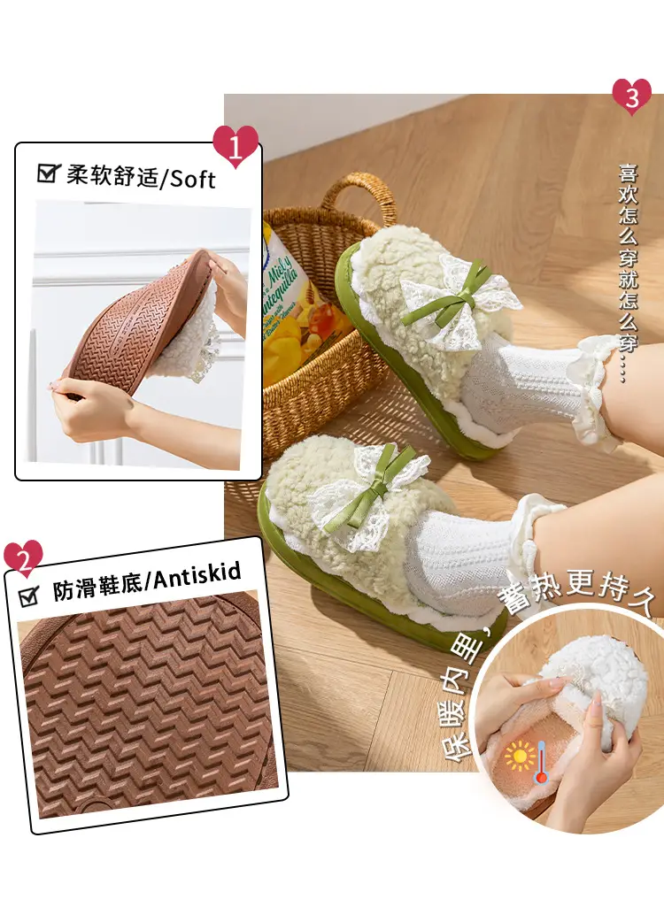 Bow Cotton Slippers for Women Winter 2025 New Indoor Home Thick-Soled Non-Slip Fleece-Lined Warm Plush Slippers — feature 7