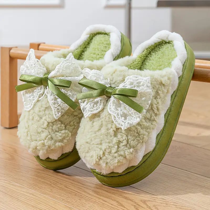 Bow Cotton Slippers for Women Winter 2025 New Indoor Home Thick-Soled Non-Slip Fleece-Lined Warm Plush Slippers - Image 3