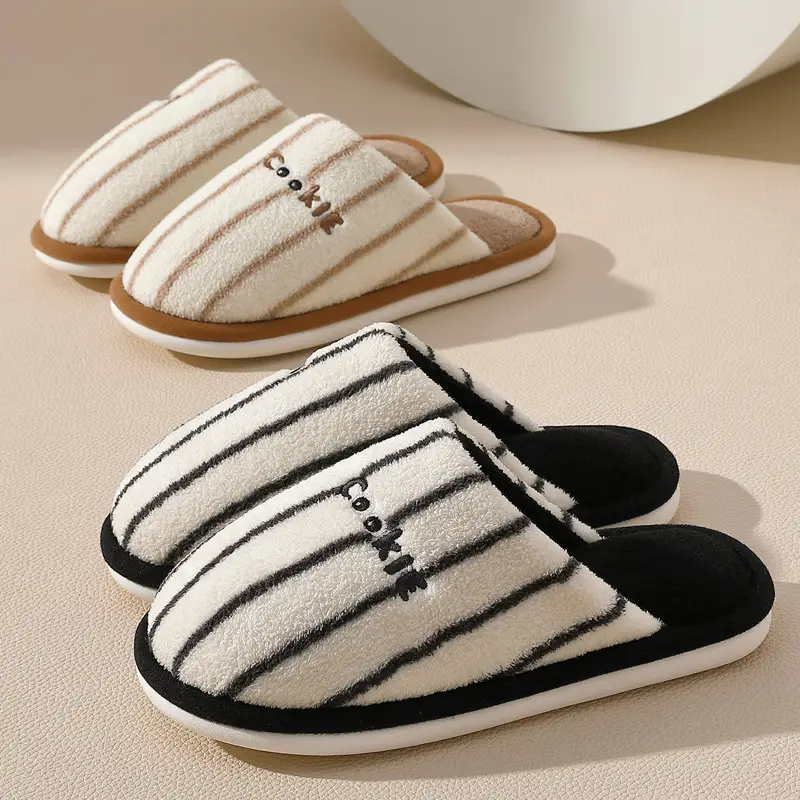 Striped Home Cotton Slippers for Women Winter Plush Warm Anti-Slip Indoor Home Men's Plush Slippers for Men Winter