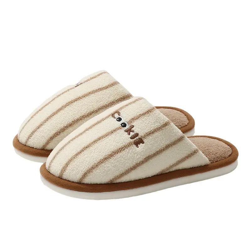Striped Home Cotton Slippers for Women Winter Plush Warm Anti-Slip Indoor Home Men's Plush Slippers for Men Winter