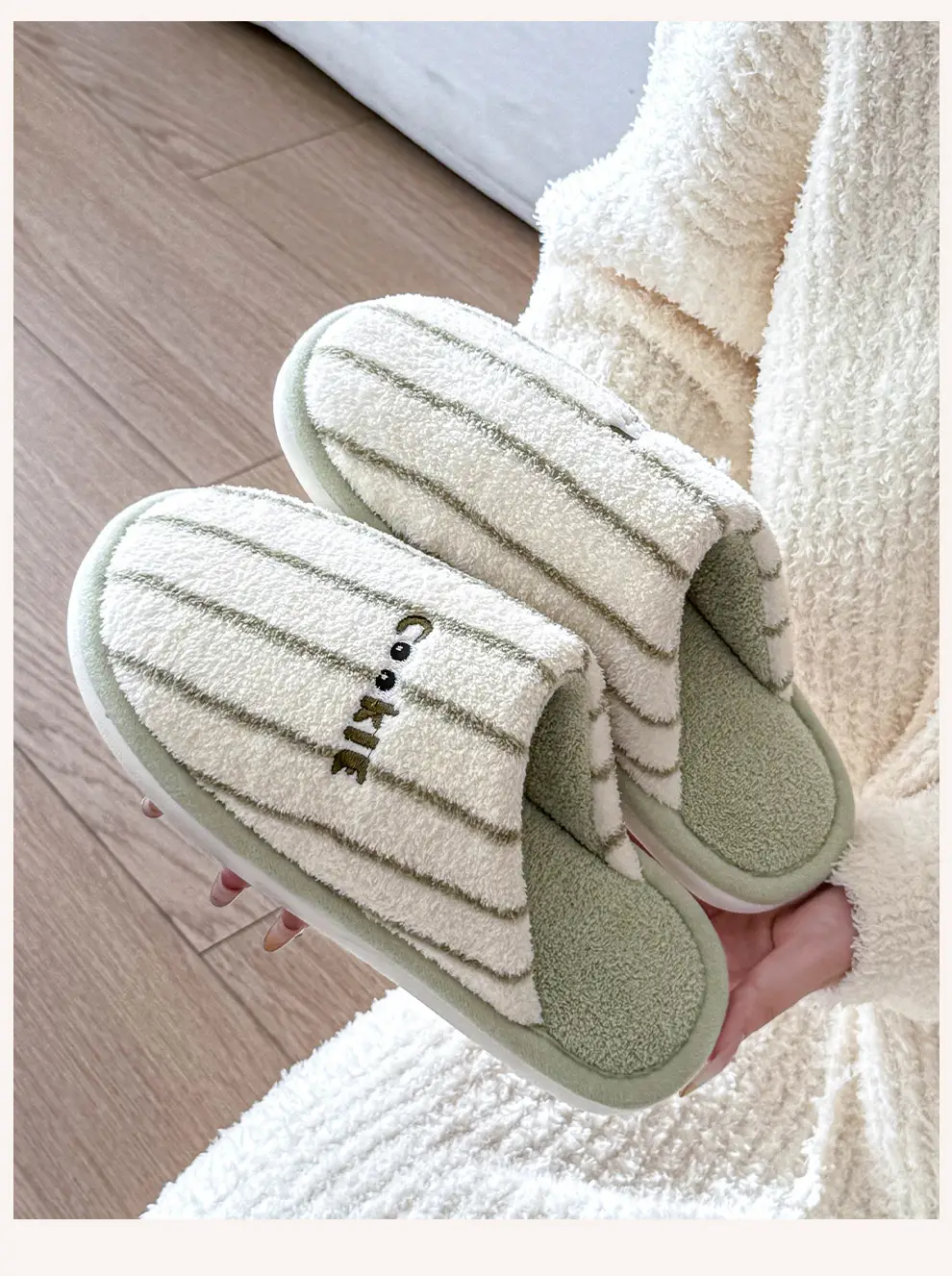 Striped Home Cotton Slippers for Women Winter Plush Warm Anti-Slip Indoor Home Men's Plush Slippers for Men Winter — feature 6