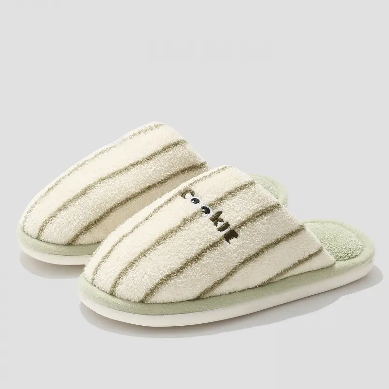 Striped Home Cotton Slippers for Women Winter Plush Warm Anti-Slip Indoor Home Men's Plush Slippers for Men Winter