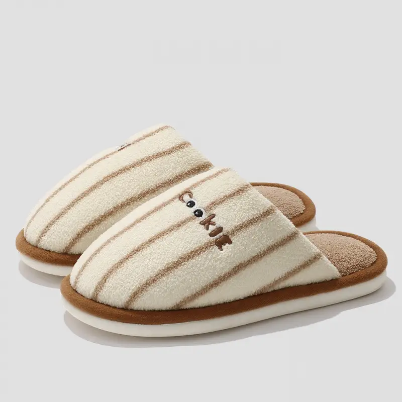 Striped Home Cotton Slippers for Women Winter Plush Warm Anti-Slip Indoor Home Men's Plush Slippers for Men Winter