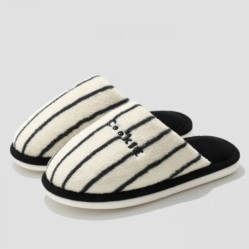 Striped Home Cotton Slippers for Women Winter Plush Warm Anti-Slip Indoor Home Men's Plush Slippers for Men Winter