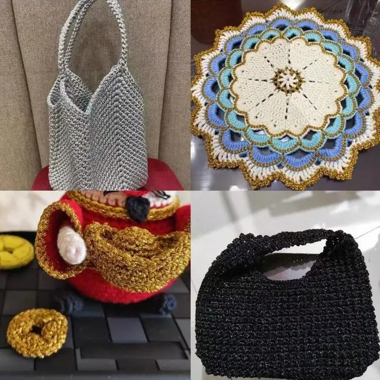 Gold and Silver Thread, Hollow Yarn, Bright Silk Thread, DIY Crochet Bag, Embroidered Mercerized Wool, Hand-Knitted Sweater Doll