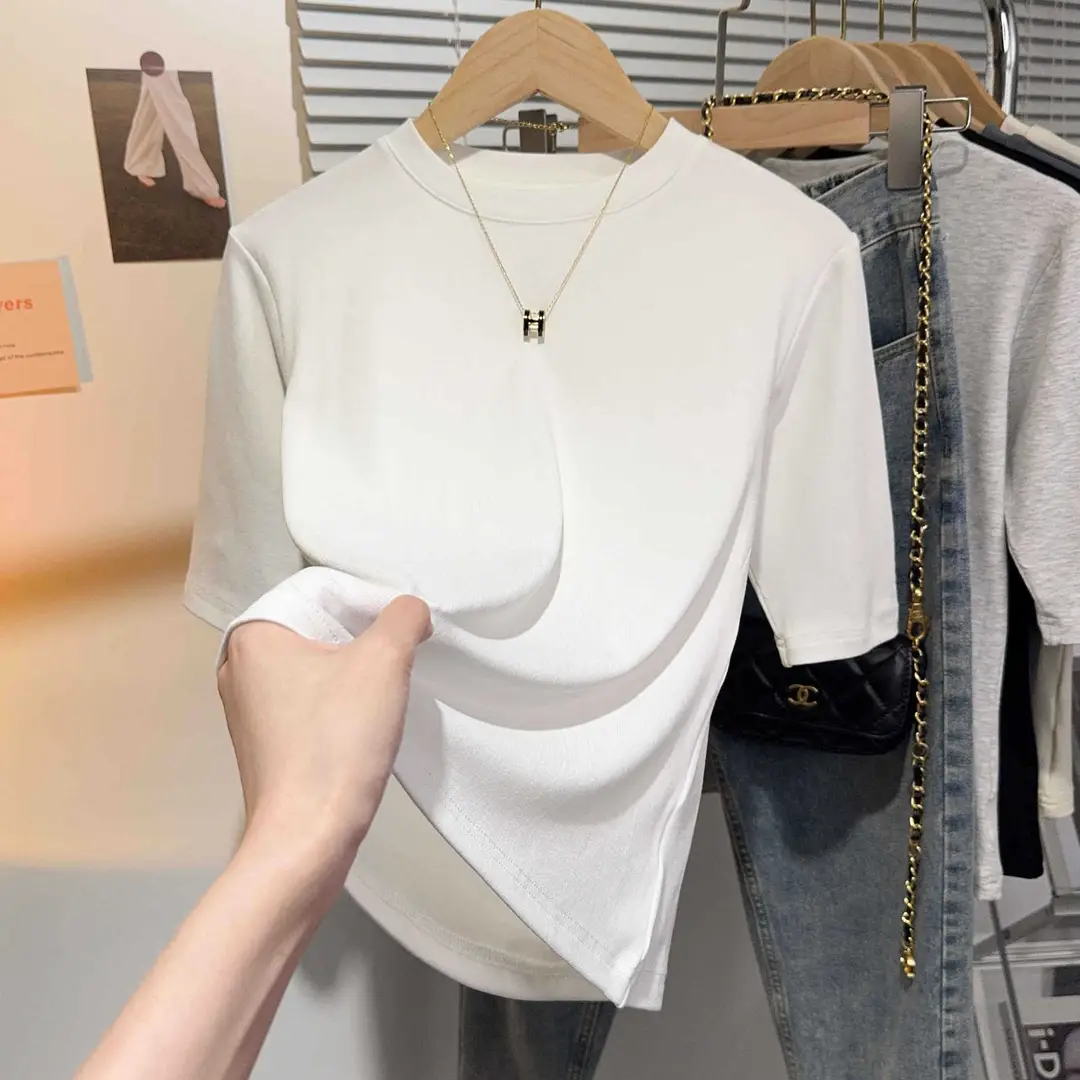 Black Bottoming Shirt Spring and Summer Slim Mid-Sleeve Top Half-Sleeved T-Shirt 2025 New Right Shoulder Top Trendy Women's Style