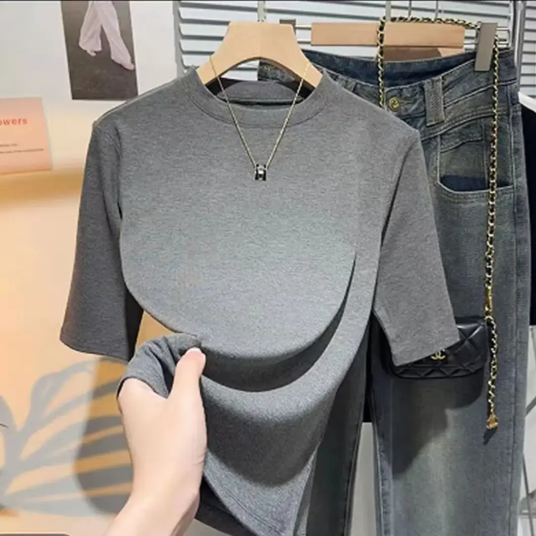 Black Bottoming Shirt Spring and Summer Slim Mid-Sleeve Top Half-Sleeved T-Shirt 2025 New Right Shoulder Top Trendy Women's Style