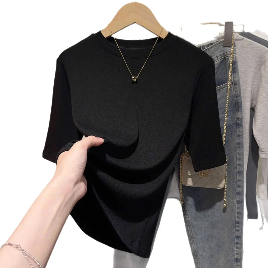Black Bottoming Shirt Spring and Summer Slim Mid-Sleeve Top Half-Sleeved T-Shirt 2025 New Right Shoulder Top Trendy Women's Style