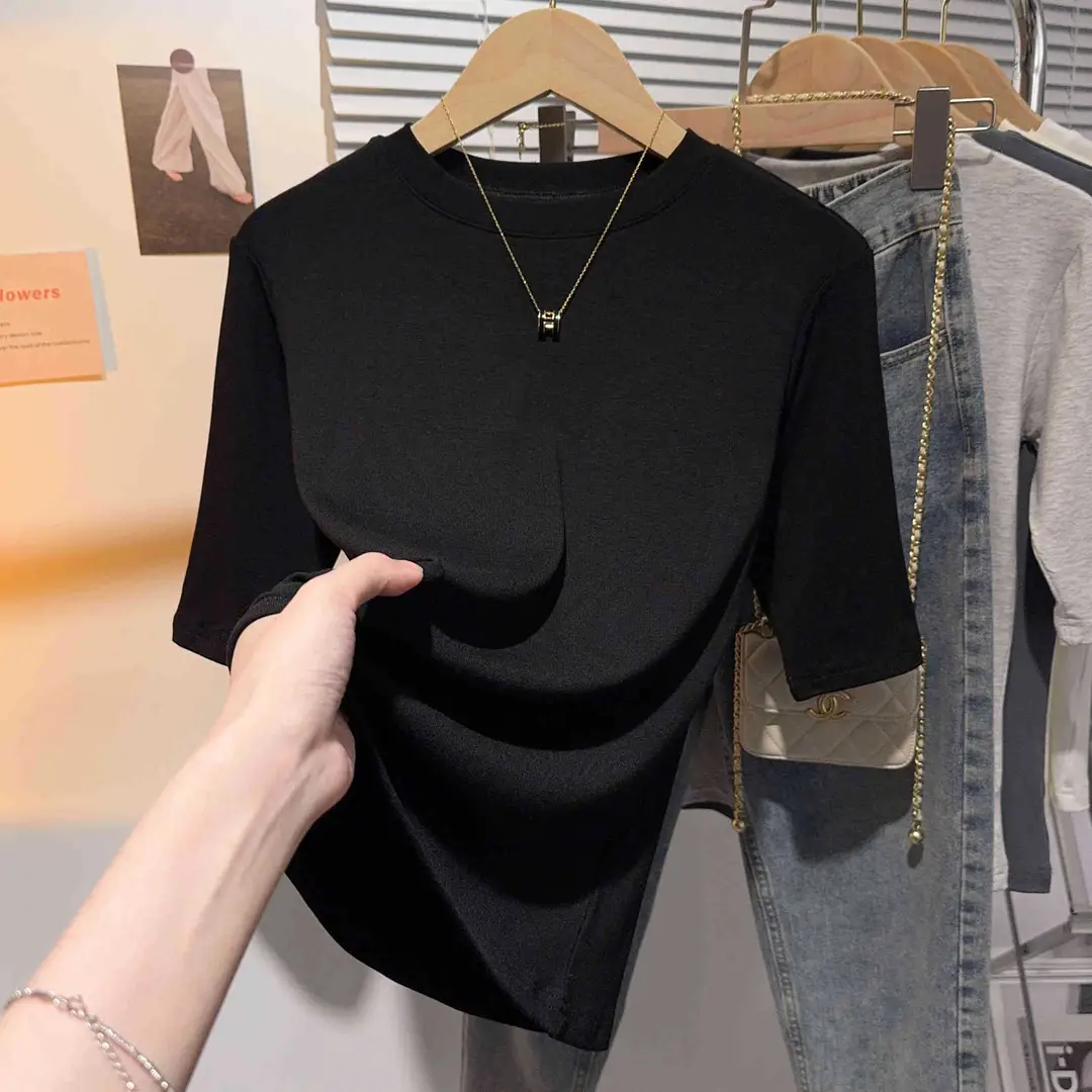 Black Bottoming Shirt Spring and Summer Slim Mid-Sleeve Top Half-Sleeved T-Shirt 2025 New Right Shoulder Top Trendy Women's Style — feature 1