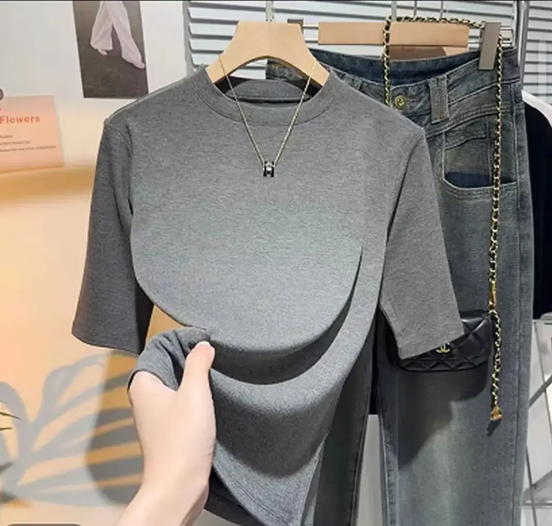 Black Bottoming Shirt Spring and Summer Slim Mid-Sleeve Top Half-Sleeved T-Shirt 2025 New Right Shoulder Top Trendy Women's Style