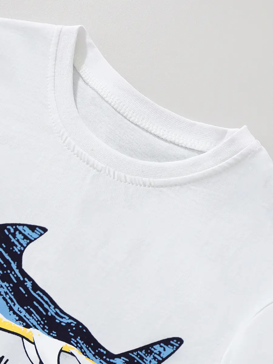 White Long Sleeve Kids T-Shirt Cartoon Shark Print - Image 4