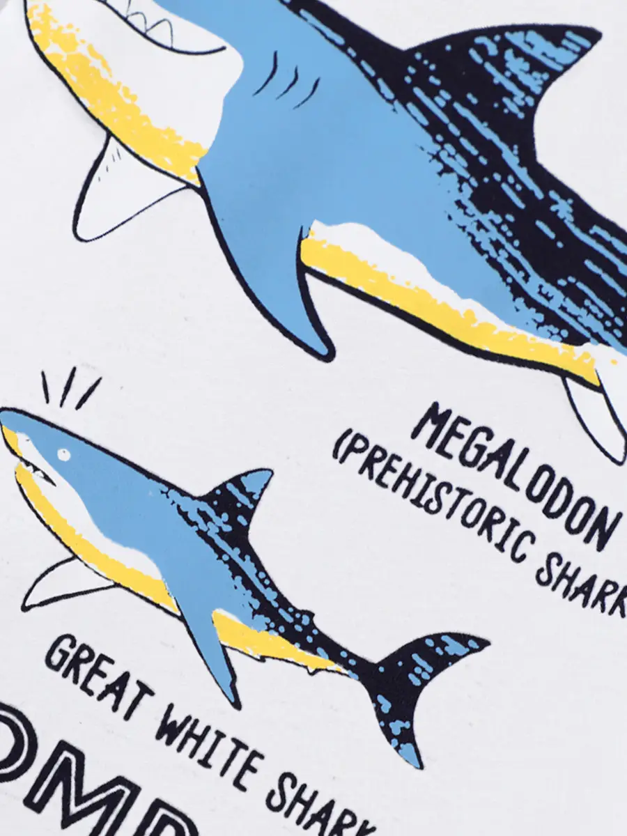 White Long Sleeve Kids T-Shirt Cartoon Shark Print - Image 5