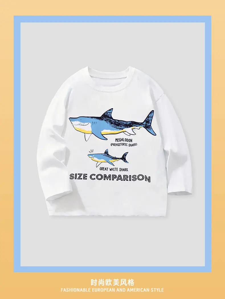 White Long Sleeve Kids T-Shirt Cartoon Shark Print — feature 3
