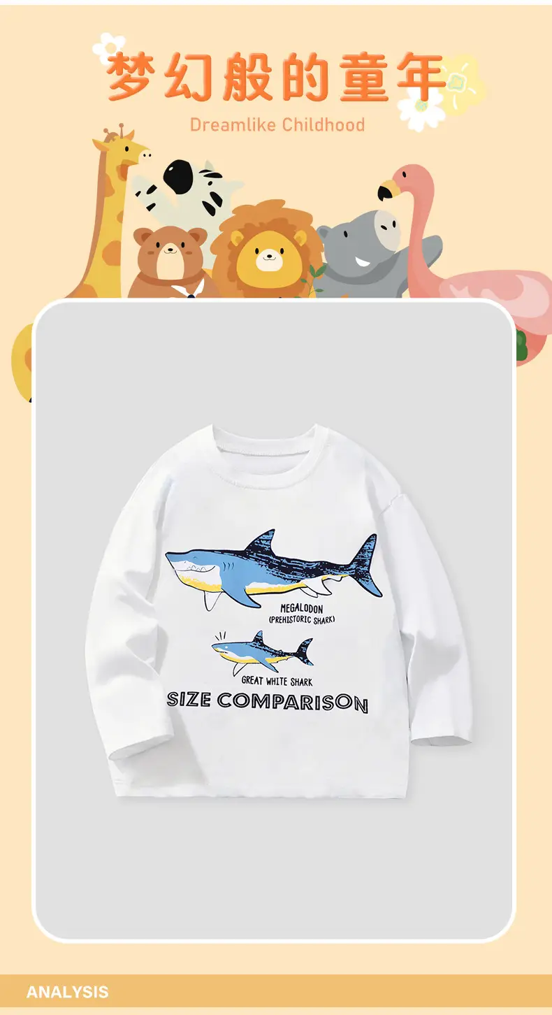White Long Sleeve Kids T-Shirt Cartoon Shark Print — feature 7