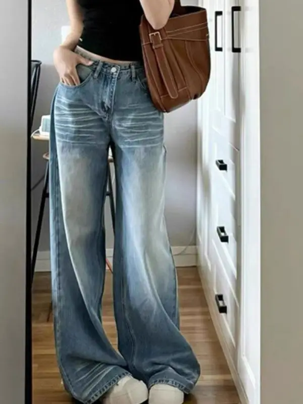 Light Blue Jeans Washed Retro Straight Pants Women's Autumn Design Wide-Leg Pants Long Pants Loose Floor-Length Pants Trendy