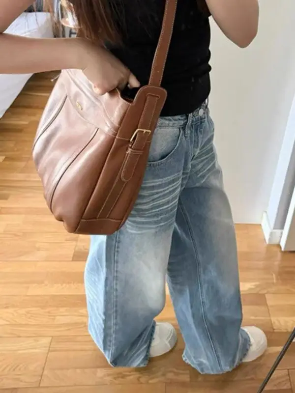Light Blue Jeans Washed Retro Straight Pants Women's Autumn Design Wide-Leg Pants Long Pants Loose Floor-Length Pants Trendy