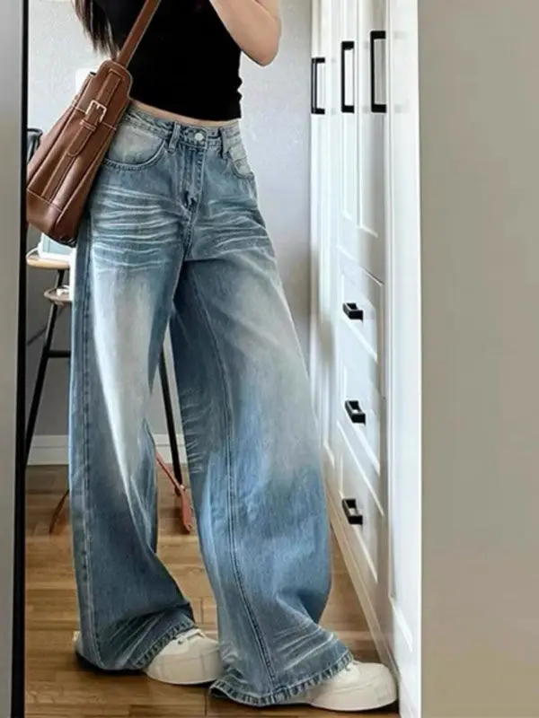 Light Blue Jeans Washed Retro Straight Pants Women's Autumn Design Wide-Leg Pants Long Pants Loose Floor-Length Pants Trendy