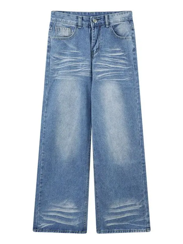 Light Blue Jeans Washed Retro Straight Pants Women's Autumn Design Wide-Leg Pants Long Pants Loose Floor-Length Pants Trendy