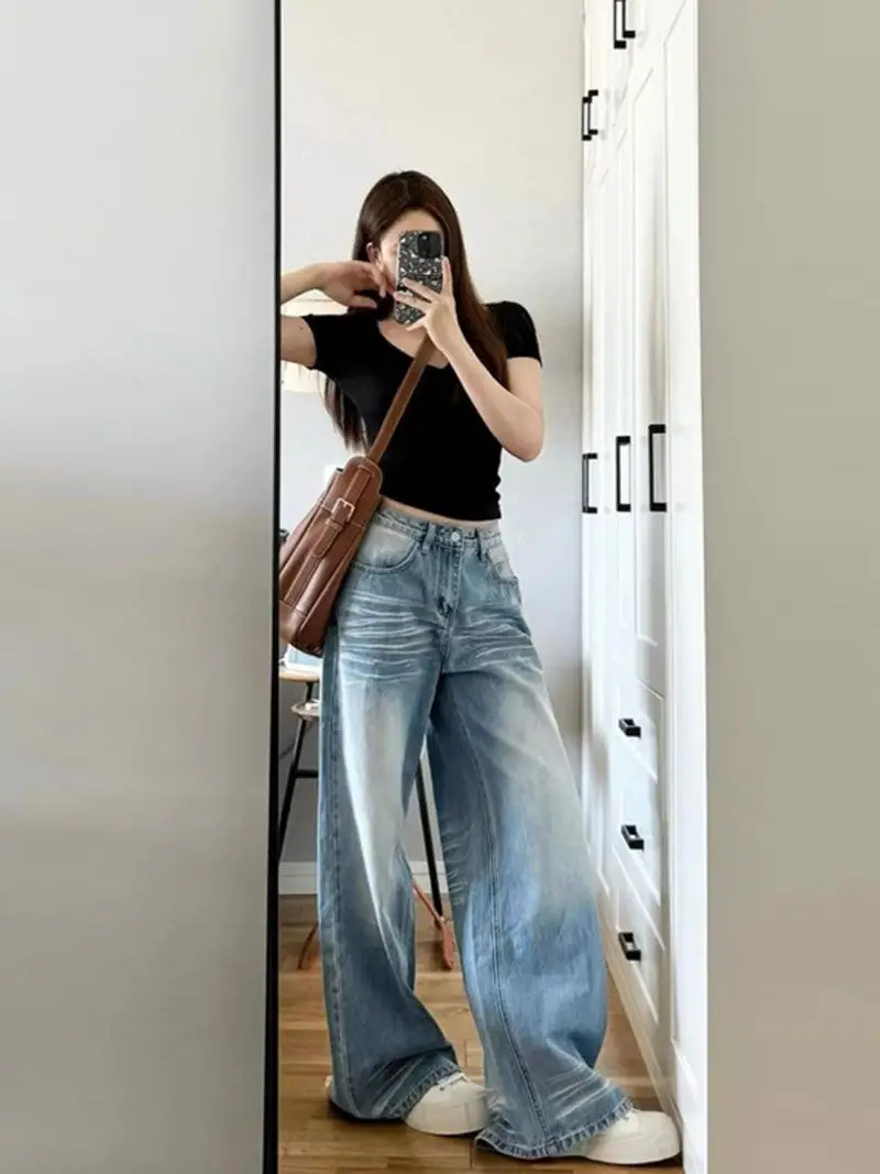 Light Blue Jeans Washed Retro Straight Pants Women's Autumn Design Wide-Leg Pants Long Pants Loose Floor-Length Pants Trendy — feature 10