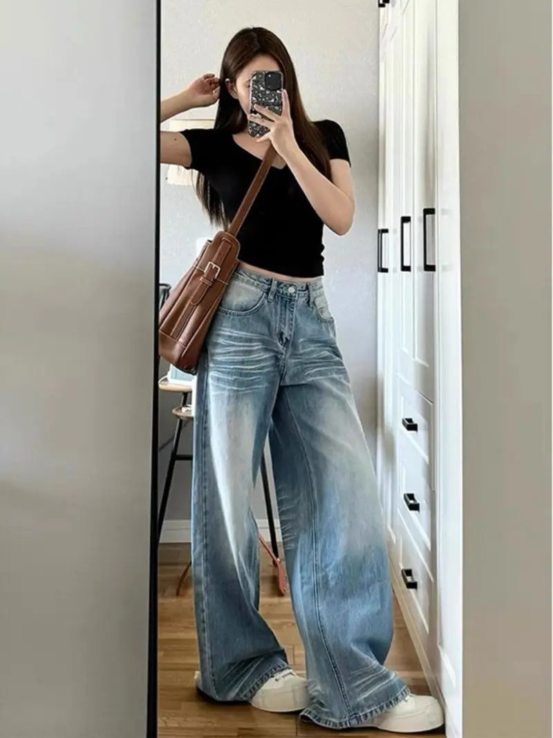 Light Blue Jeans Washed Retro Straight Pants Women's Autumn Design Wide-Leg Pants Long Pants Loose Floor-Length Pants Trendy — feature 7