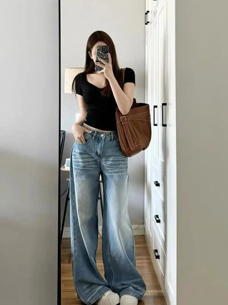 Light Blue Jeans Washed Retro Straight Pants Women's Autumn Design Wide-Leg Pants Long Pants Loose Floor-Length Pants Trendy — feature 9