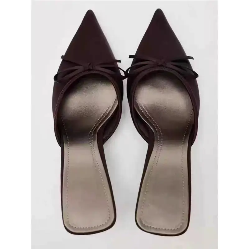 High-Looking Autumn New Brown Pointed-Toe Satin Bow-Decorated High-Heeled Mules, Fashionable Shallow Half-Slip Sandals - Image 5
