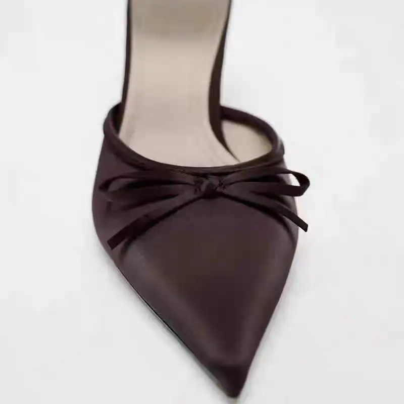 High-Looking Autumn New Brown Pointed-Toe Satin Bow-Decorated High-Heeled Mules, Fashionable Shallow Half-Slip Sandals - Image 6