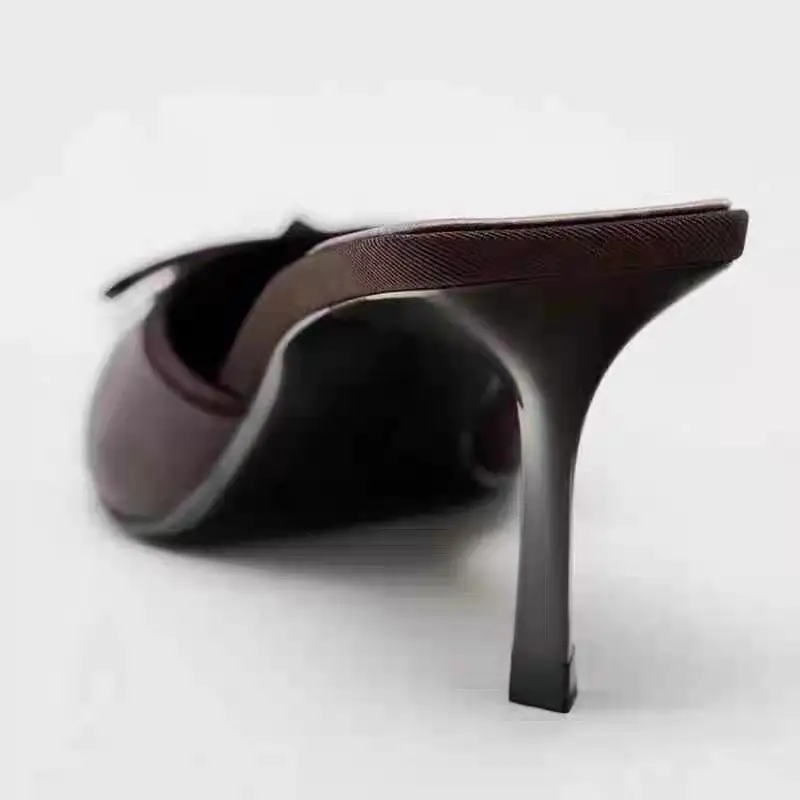 High-Looking Autumn New Brown Pointed-Toe Satin Bow-Decorated High-Heeled Mules, Fashionable Shallow Half-Slip Sandals - Image 7