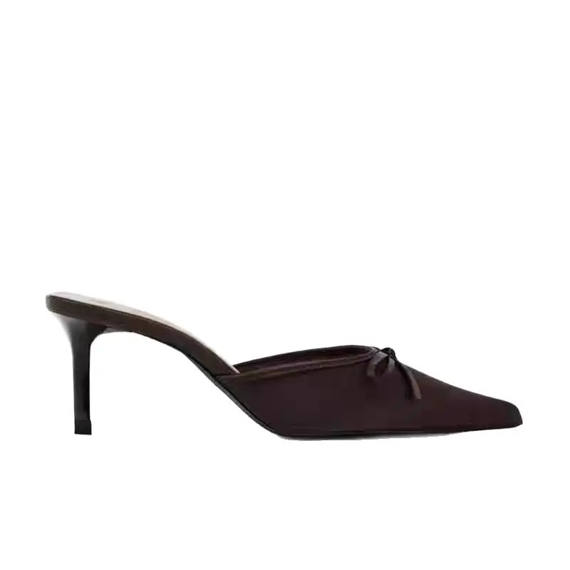 High-Looking Autumn New Brown Pointed-Toe Satin Bow-Decorated High-Heeled Mules, Fashionable Shallow Half-Slip Sandals - Image 8