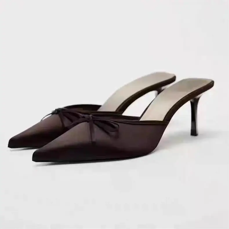 High-Looking Autumn New Brown Pointed-Toe Satin Bow-Decorated High-Heeled Mules, Fashionable Shallow Half-Slip Sandals — feature 2