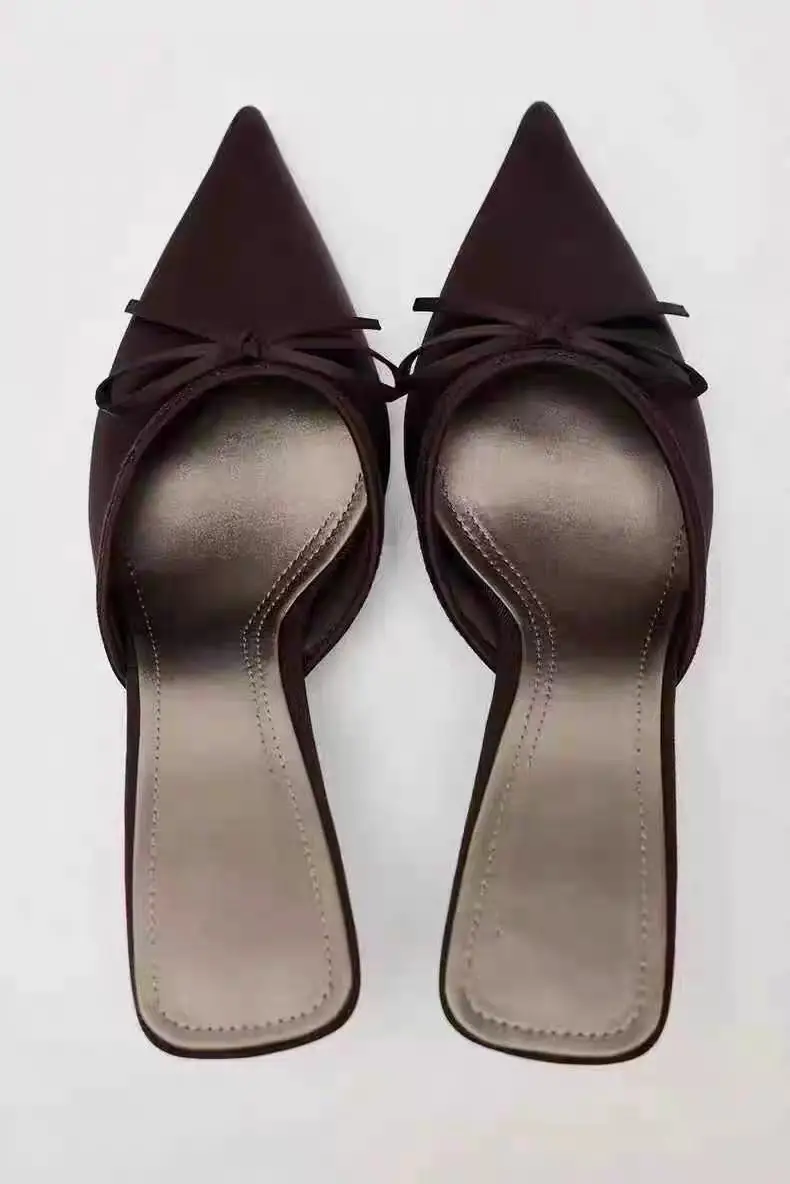 High-Looking Autumn New Brown Pointed-Toe Satin Bow-Decorated High-Heeled Mules, Fashionable Shallow Half-Slip Sandals — feature 3