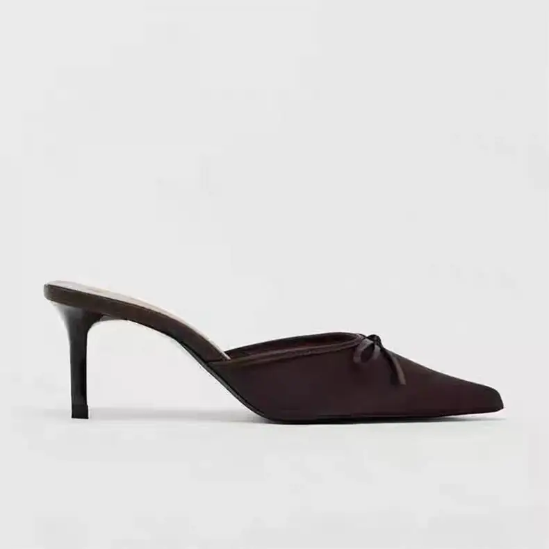 High-Looking Autumn New Brown Pointed-Toe Satin Bow-Decorated High-Heeled Mules, Fashionable Shallow Half-Slip Sandals — feature 4