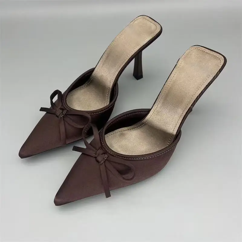 High-Looking Autumn New Brown Pointed-Toe Satin Bow-Decorated High-Heeled Mules, Fashionable Shallow Half-Slip Sandals - Image 2