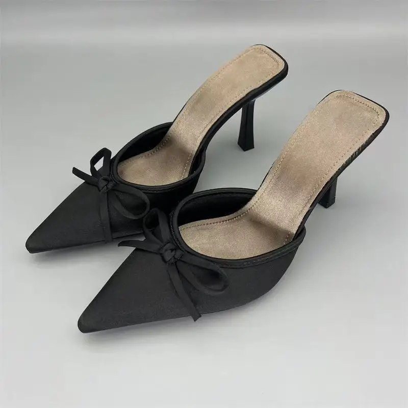 High-Looking Autumn New Brown Pointed-Toe Satin Bow-Decorated High-Heeled Mules, Fashionable Shallow Half-Slip Sandals - Image 3