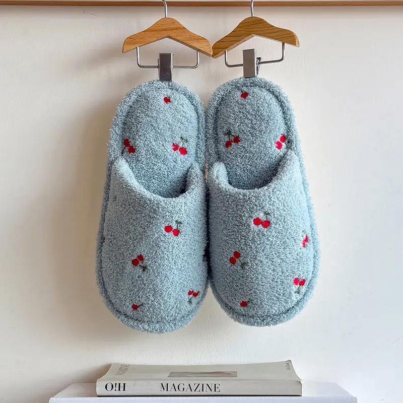 Home Cotton Slippers for Women in Autumn and Winter, Cute Cherry Plush Warm Indoor Ladies' Non-Slip Floor Slippers Wholesale - Image 10