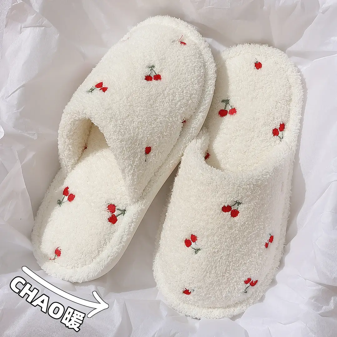 Home Cotton Slippers for Women in Autumn and Winter, Cute Cherry Plush Warm Indoor Ladies' Non-Slip Floor Slippers Wholesale - Image 2