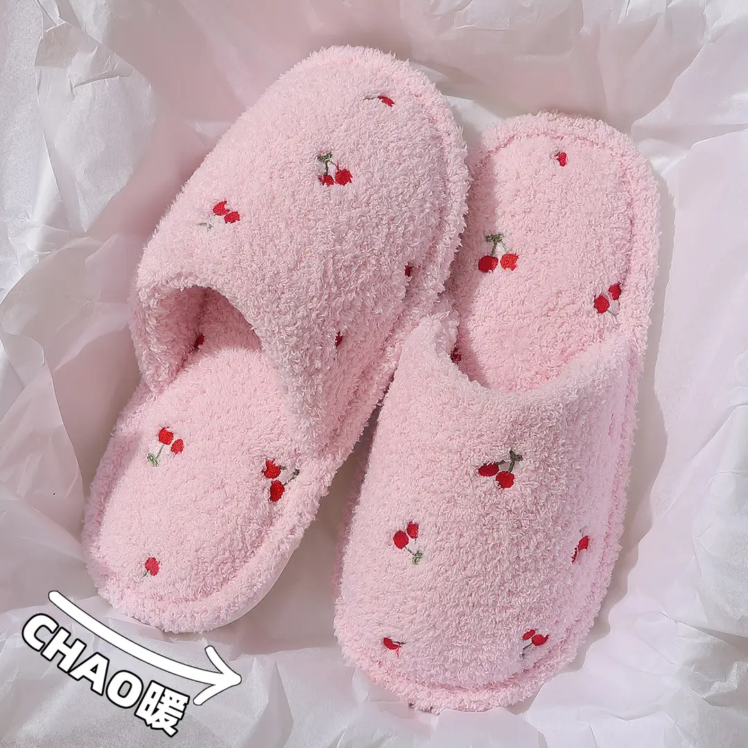 Home Cotton Slippers for Women in Autumn and Winter, Cute Cherry Plush Warm Indoor Ladies' Non-Slip Floor Slippers Wholesale - Image 3