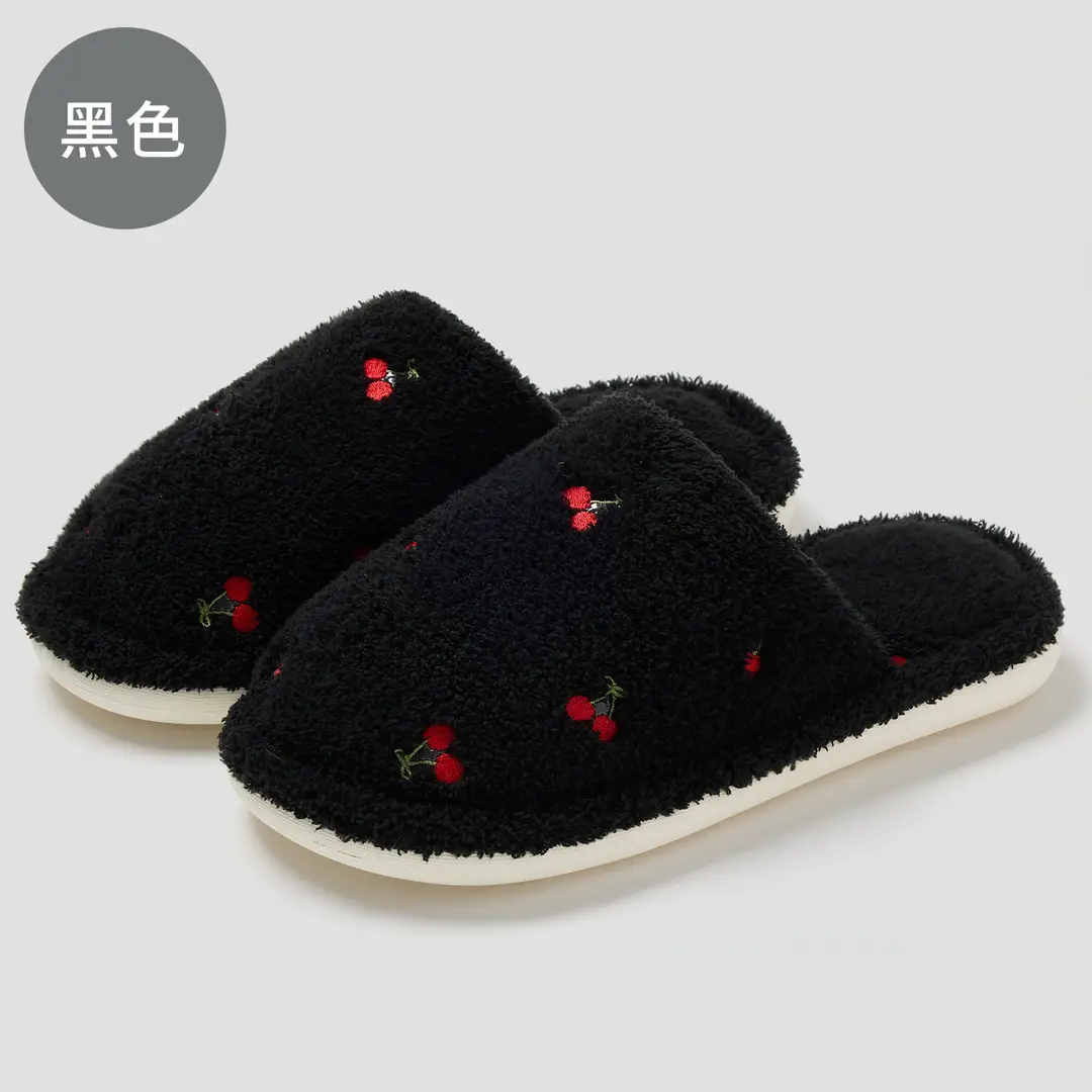 Home Cotton Slippers for Women in Autumn and Winter, Cute Cherry Plush Warm Indoor Ladies' Non-Slip Floor Slippers Wholesale - Image 4