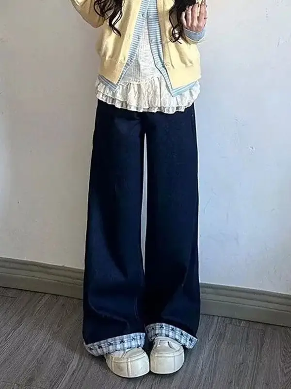 Plus Size Dark Blue Jeans with Patchwork Design