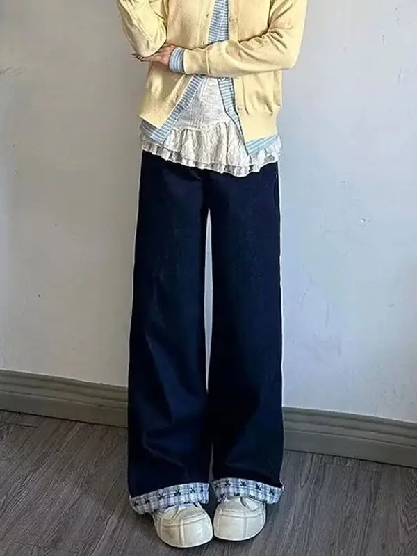 Plus Size Dark Blue Jeans with Patchwork Design