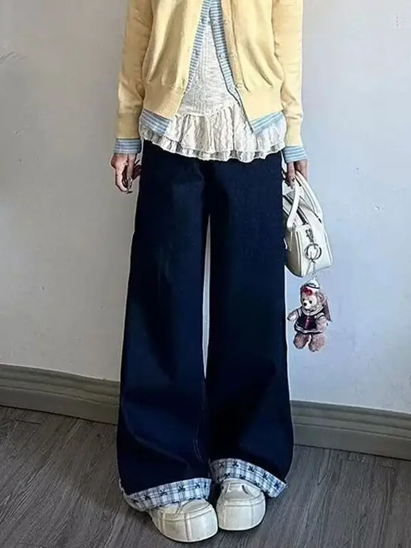 Plus Size Dark Blue Jeans with Patchwork Design