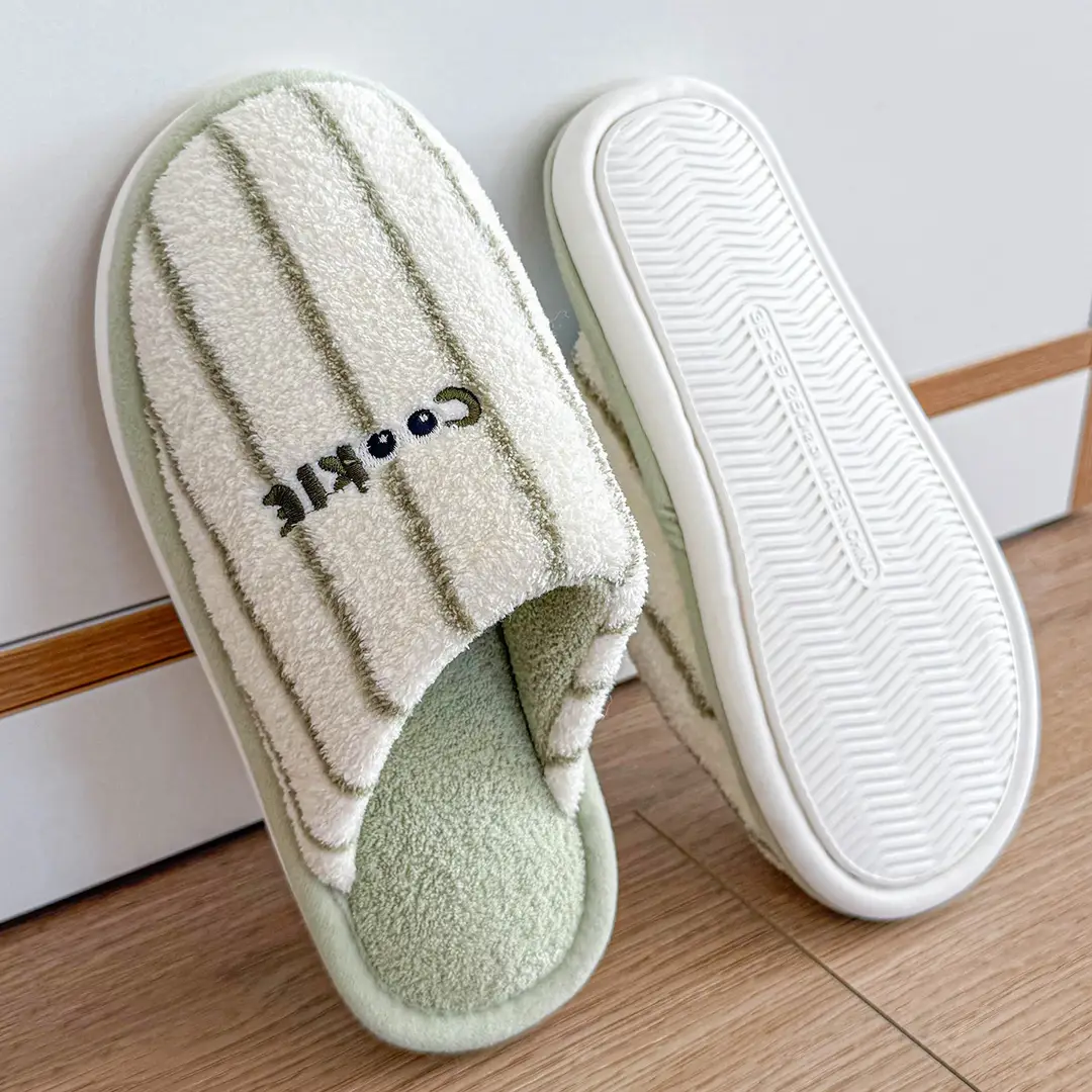 Striped Cotton Slippers for Women, Autumn and Winter Home Use, Couple Indoor Warm Plush Thick-Soled Comfortable Half-Heel Men's Cotton Slippers - Image 7