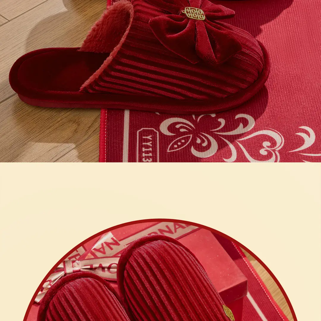 Autumn and Winter Wedding Cotton Slippers for Newlyweds, Festive Big Red Pair of Bride and Groom Indoor Dowry Accessible Luxury — feature 21