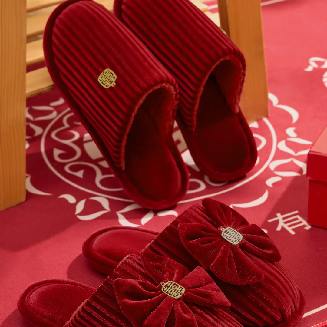 Autumn and Winter Wedding Cotton Slippers for Newlyweds, Festive Big Red Pair of Bride and Groom Indoor Dowry Accessible Luxury — feature 9